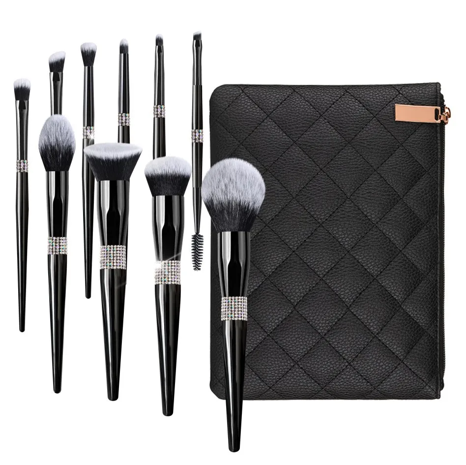 

Factory Price Vegan Makeup Brush Set Cruelty Free 10 Pcs Black Rhinestone Foundation Powder Concealer Brush Makeup Brush Set