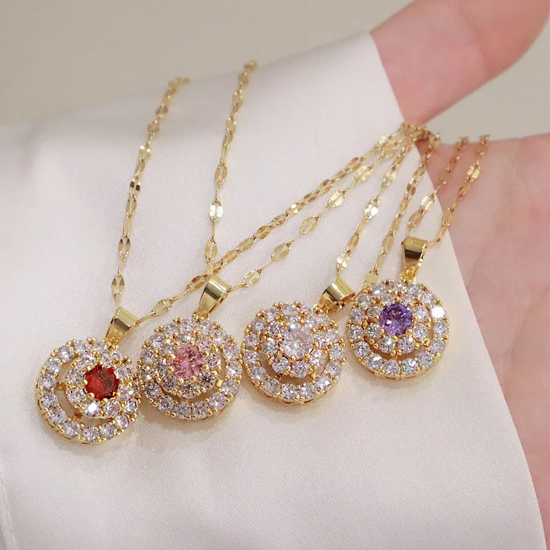 

2021 New Design Korean Style Multi Color CZ Long Chain Necklace Trendy Bling Stainless Steel Rotating Zircon Pendant Necklace