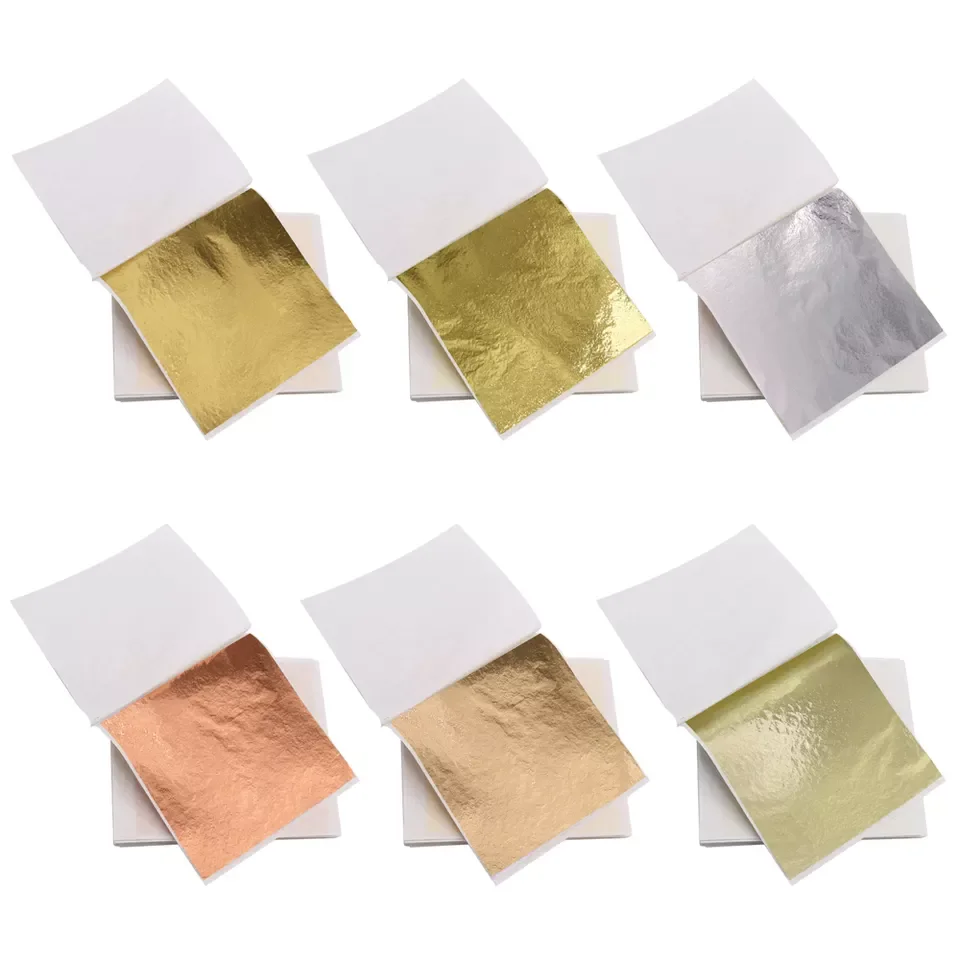 

Factory Price 8*8.5 cm Colored Taiwan Alloy Foil Leaf for Furniture Gilding Crafts Art Nails Decor Metallic Gold Leaf Sheets