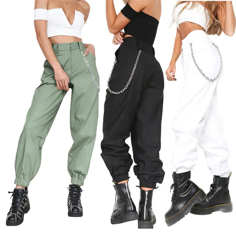 

Plain Solid Color Sweatpants Long Trousers Harlan Wide Leg Long Belt Chain Cargo Pants