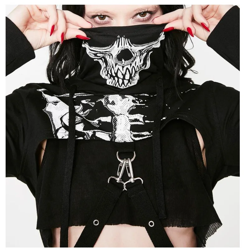 Gothic Street Style Individual Skull Print Women's Crop Hoodie Turtleneck  Crop Top Hoodie Dark Girls' Clothing