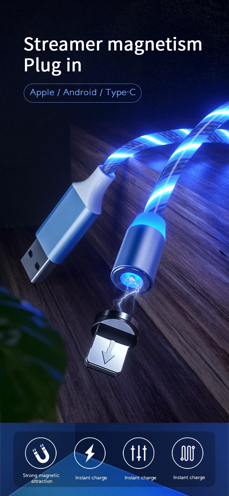 2020 New product Hot wholesale LED Flowing Light Magnetic Charging Cable Cellphone Fast Micro USB Cable Charger Data Cable Line - ANKUX.COM