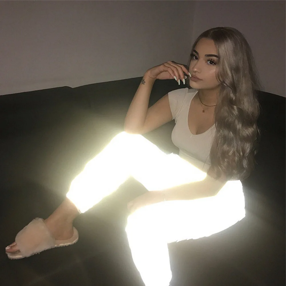 

Trendy New Streetwear Girls Wide Leg Pants Loose Women Night Run Reflective Sweatpants, Gray