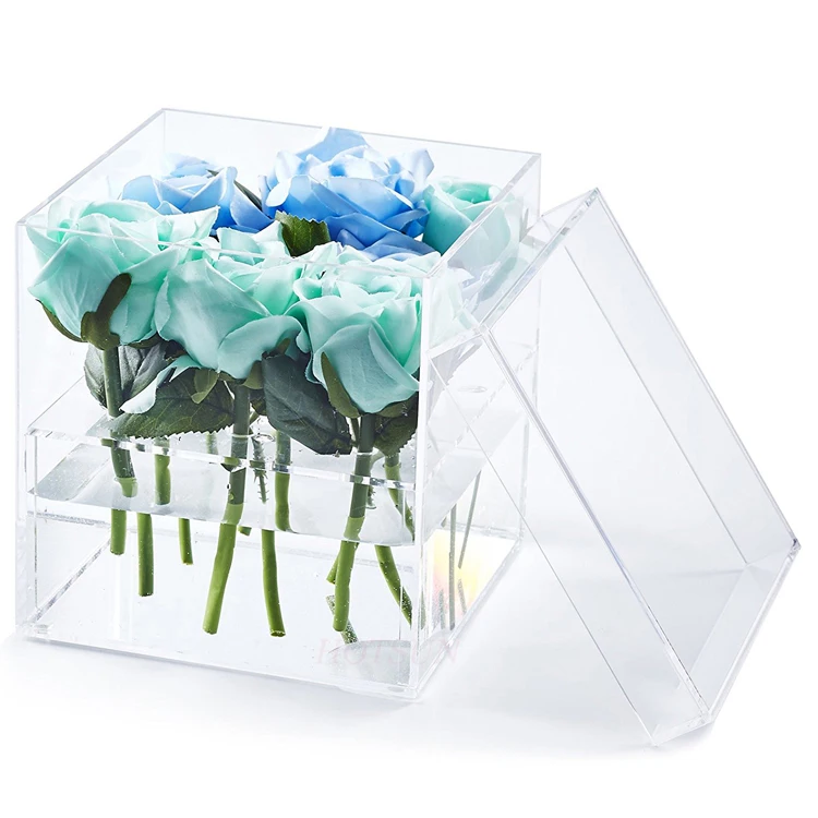 Small Quantity Wholesale Plastic Rose Box Cube 9 Pieces Acrylic Flower