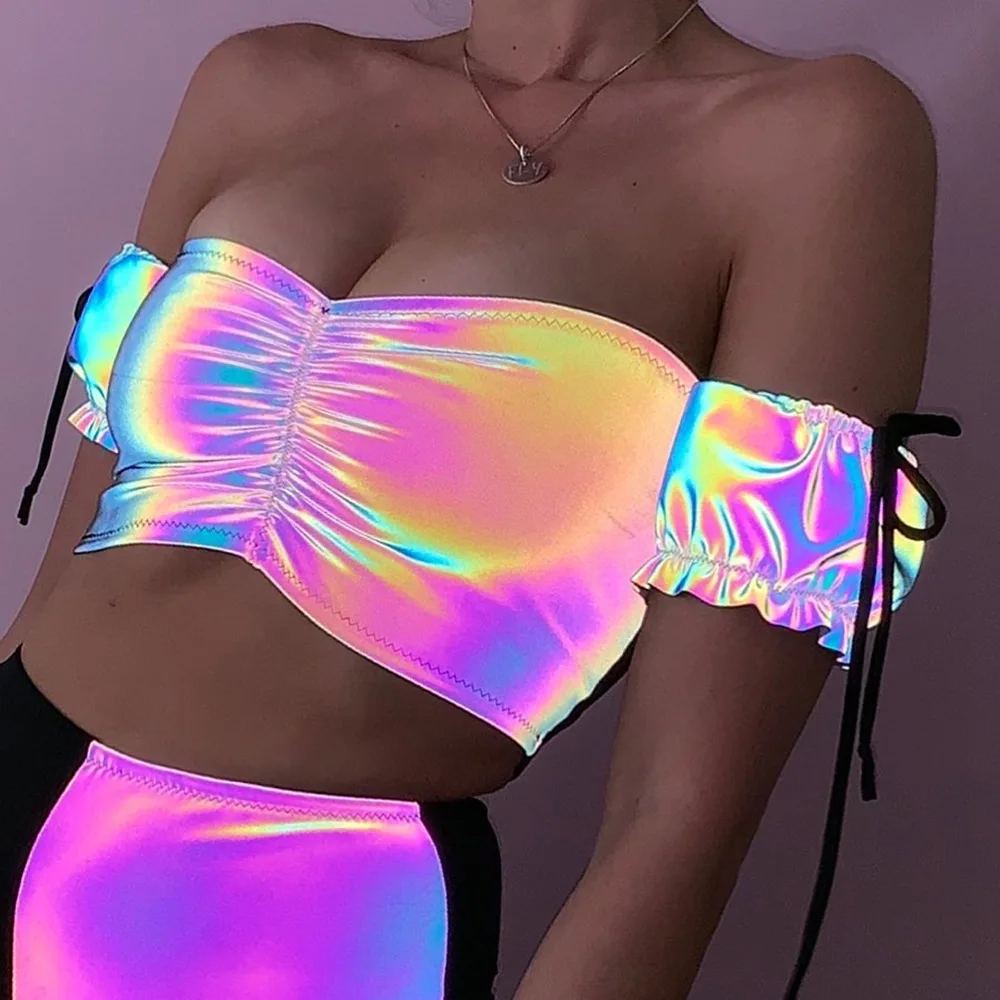 

Reflective Holographic Sexy Crop Top Off Shoulder Puff Sleeve T Shirt Trendy Clothes For Women Club Wear Tops