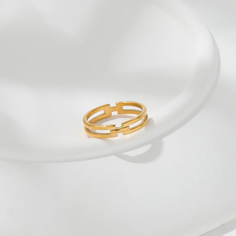 High End 18K Plated Double-layer Hollow Rings Stainless Steel Jewelry Trendy Finger Ring