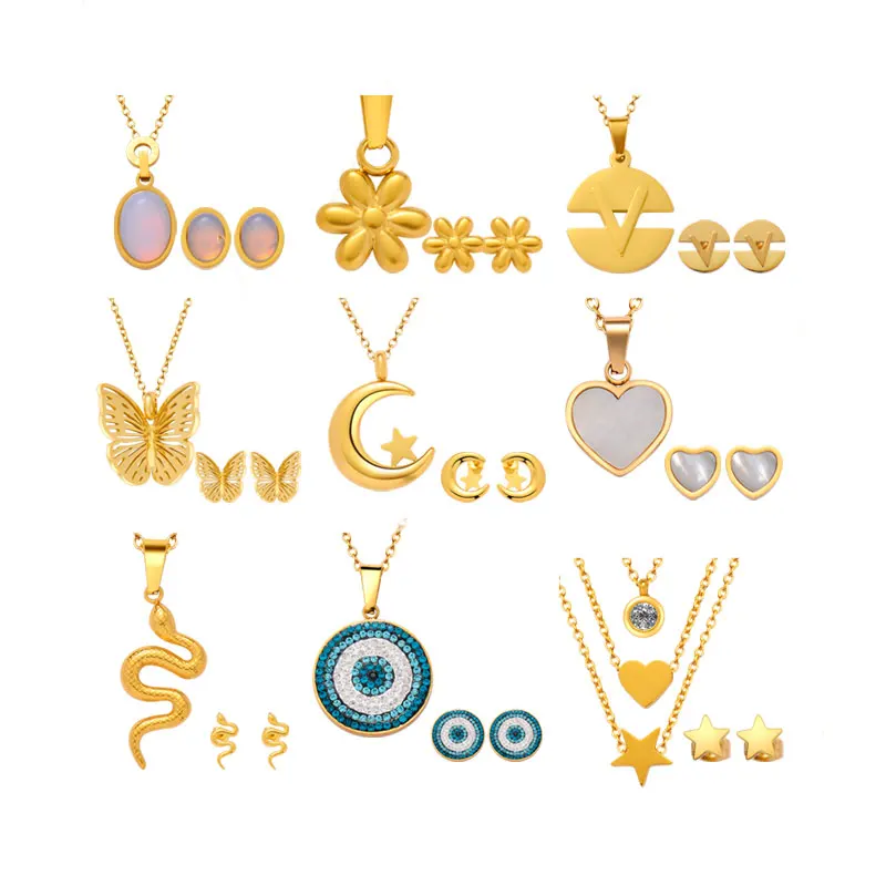 

Bisuteria Joyas Joyeria Bijoux 18K Gold Plated Custom Pendant Star Heart Necklace Earring Stainless Steel Jewelry Set for Women