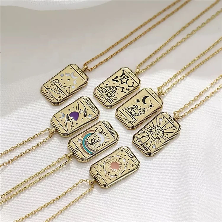 

Gothic Tarot Card Gold Plated Necklace Women Vintage Square Moon Sun World Lover Geometric Copper Necklace, Picture