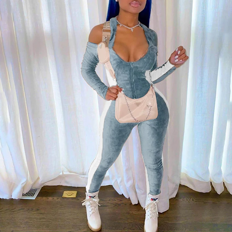

Low Cut Backless One Piece Sexy Rompers Womens 2021 New Arrivals Bodycon Velvet Jumpsuit 2020 Fall Jumpsuits For Women Clothes, Light brown,light blue
