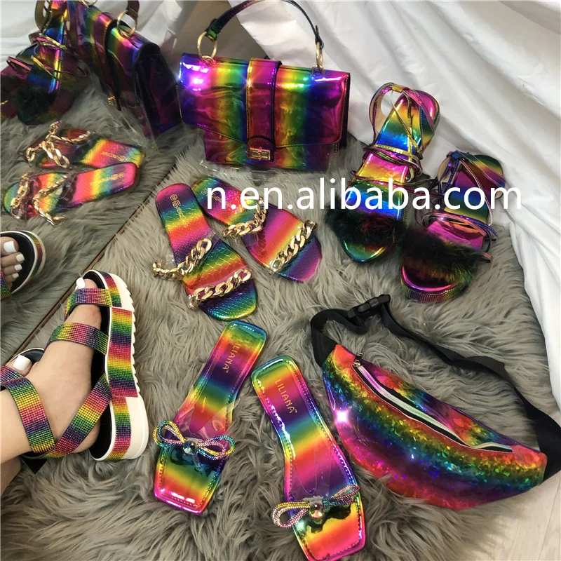 

wholesale latest ladies footwear jelly sandals women flat shoes bags set