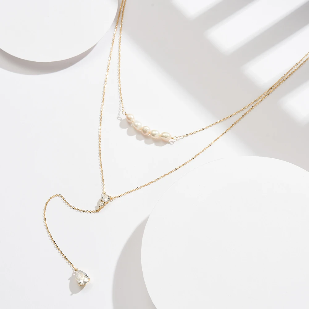 BQN13 RINNTIN Dainty Y-Shaped Layered Chain Necklace 14k Gold Cultured Freshwater Pearl Lariat Necklace for Women Girls Gift