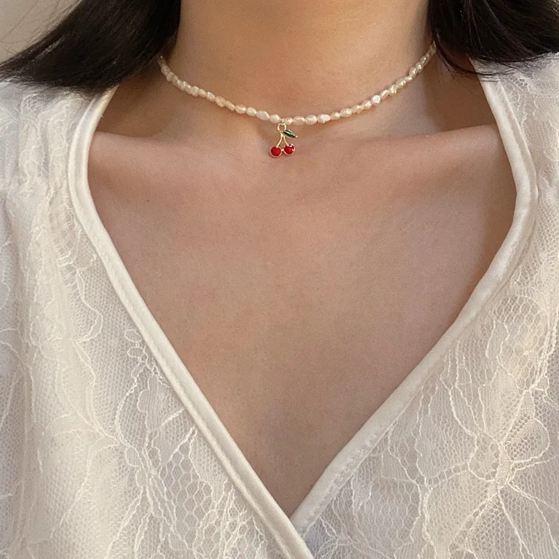 

Retro Freshwater Pearls Irregular Rice Bead Pearl Choker Necklace Red Cherry Pendant Necklace, White