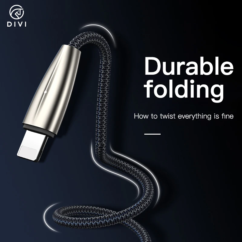 

DIVI Wholesale Price Nylon Braided LED Lights USB Data Cable Fast Charging Cable For iPhone Type C, Black gray pink blue