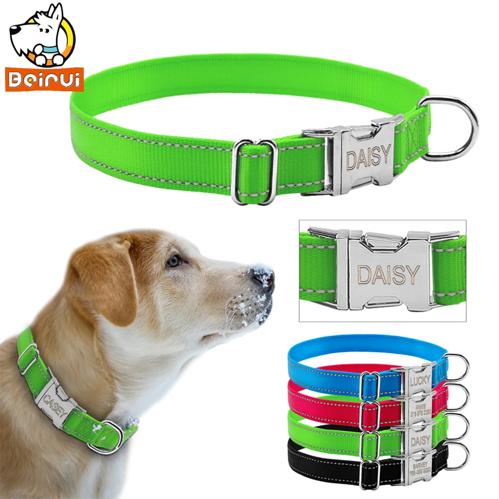 

Reflective Engraved Dog Collar Nylon Personalized Night Safe Collars with Metal Adjustable Buckle For Small Medium Large Pet, Rose/blue/green/black