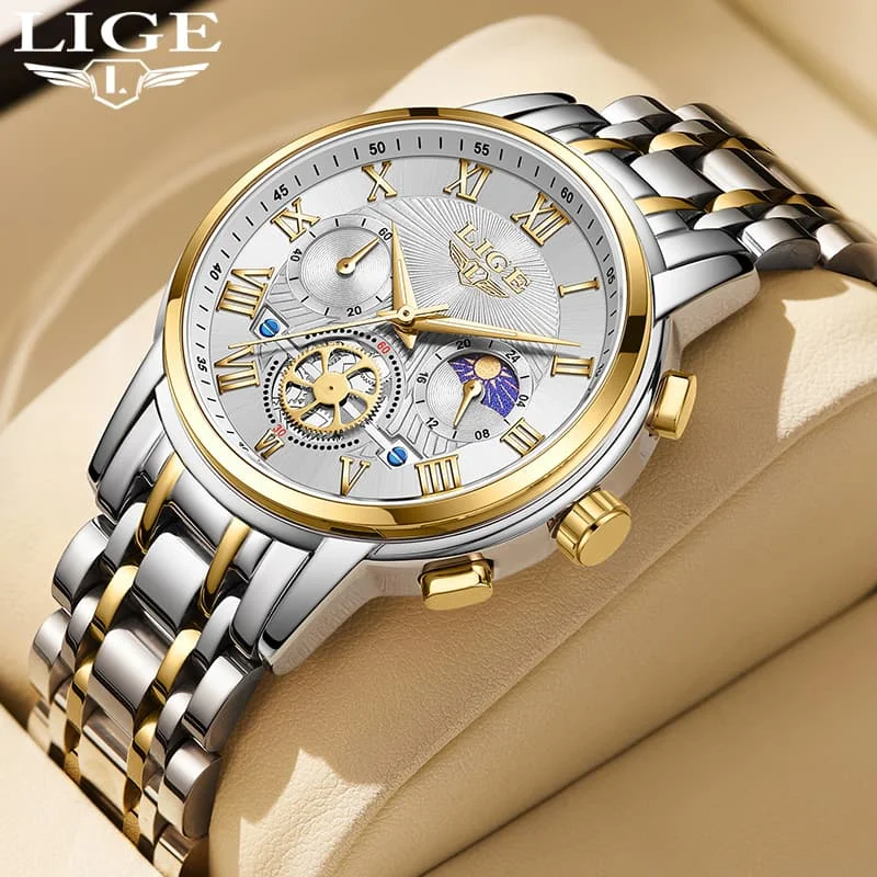 LIGE LG89106 Moon Phase Man Wristwatch Waterproof Luminous Quartz Watch Men Clock Stainless Steel Men's Watches Sport Reloj