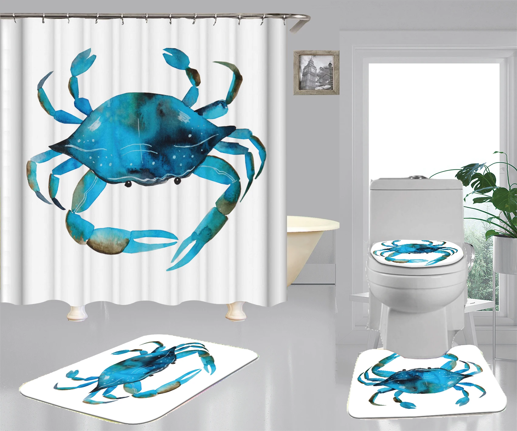 

Undersea World 3D Printed Toilet Seat 4-piece Set With Shower Curtain