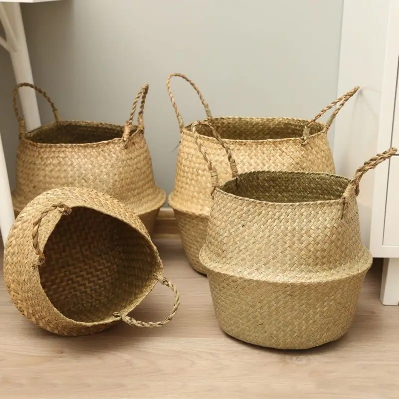 

Nordic Style Hand-woven Storage Basket Flower Pot Fruit Rattan Basket Plant Pot Container Collapsible Seagrass Laundry Basket, Wood color