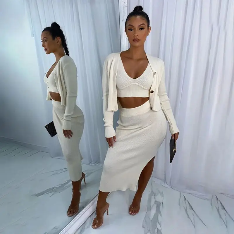 

Wholesale hot sale casual sweater dress single breasted coat top with vest hip wrap skirt 3 piece set women, Photo shows