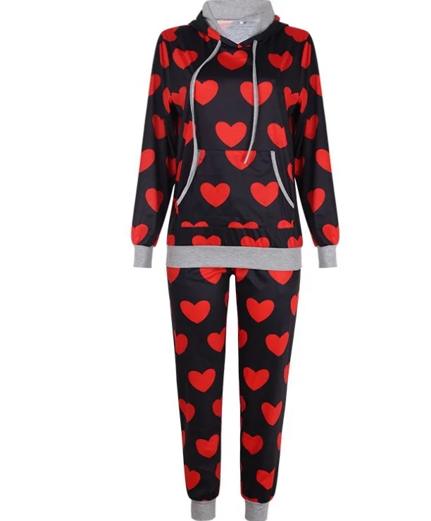 

New fashionable autumn women long-sleeved two-piece love printed casual hooded set for sale, Picture shows