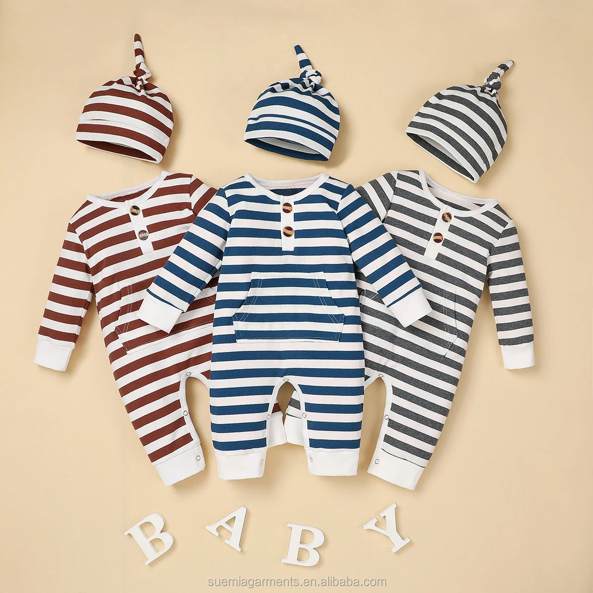 

Newborn Toddler Infant Unisex Clothes Baby Boys Girls Ribbed Cotton Stripe Button Jumpsuit Romper With Hat, Photo showed and customized color