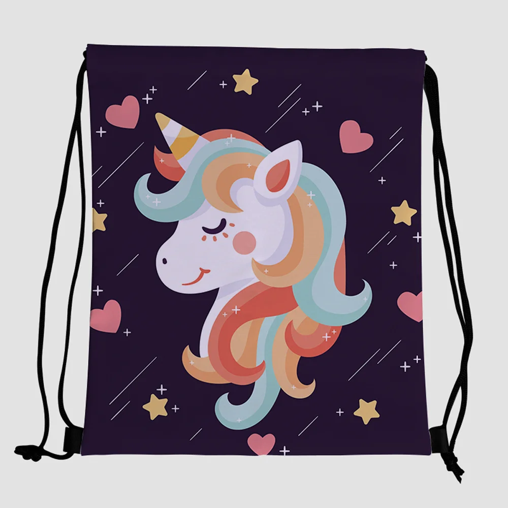 

2021 custom logo polyester drawstring backpack Unicorn pattern promotional eco friendly cheap canvas for ladies men tote bags