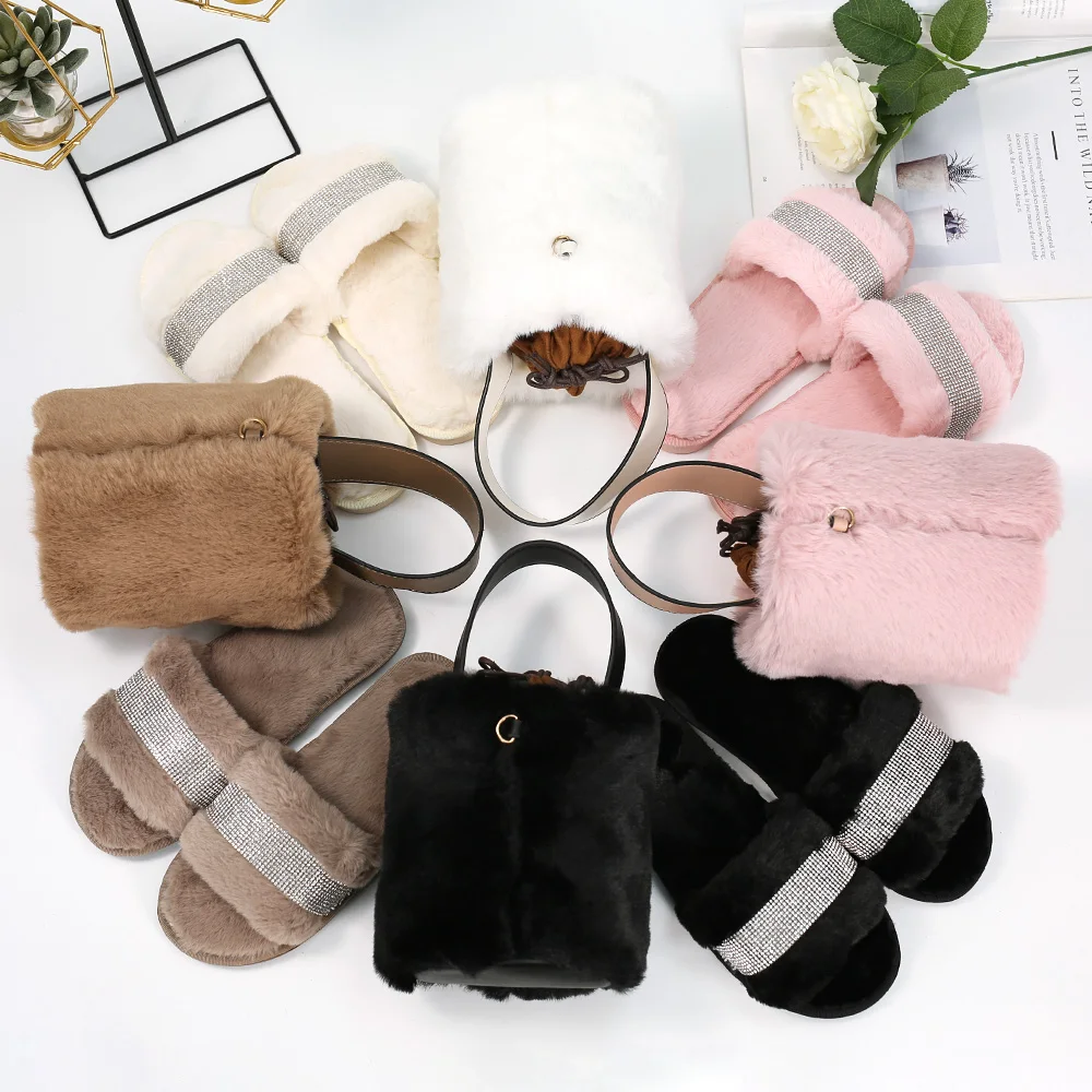 

Hot Selling Bucket Plush Handbags &Slippers Purse And Shoes 2 Pieces Set Fashion Crossbody Bags Women Handbags and Slippers Set