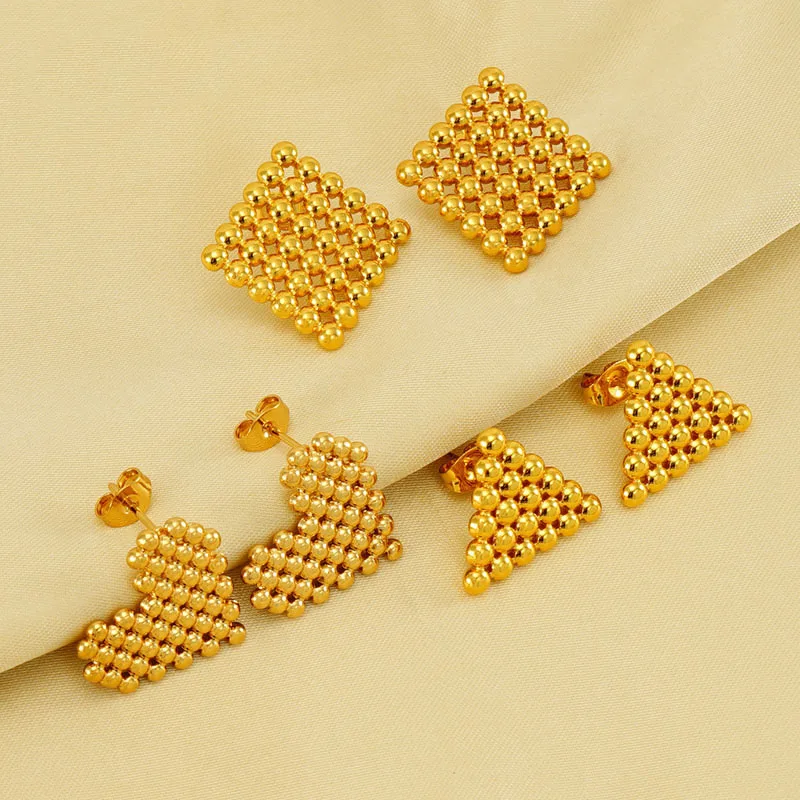 

New Sample Design Stainless Steel 18K Gold Plated Round Bead Geometric Heart Stud Earrings for Girls Fashion Jewelry