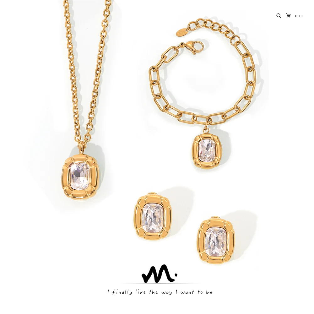 New Design Fashion Stainless Steel Jewelry Sets 18K Gold Textured Oval Card Set with Bracelet  Earrings and Necklace and Rings