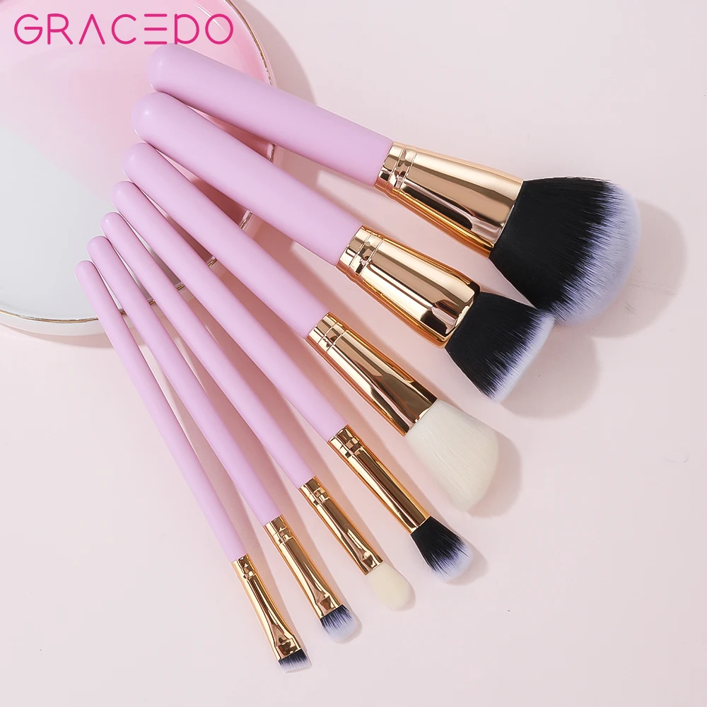 GRACEDO GR001 RTS 7-Piece Professional Makeup Brush Set with Synthetic Hair & Wood Handle Low MOQ Pink for Face & Concealer Use