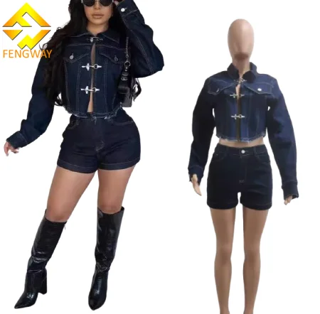 New Fall Casual Stretch Denim Two Pieces Short Set With Jean Jacket and High Waist Denim Short Jeans Suits for Women