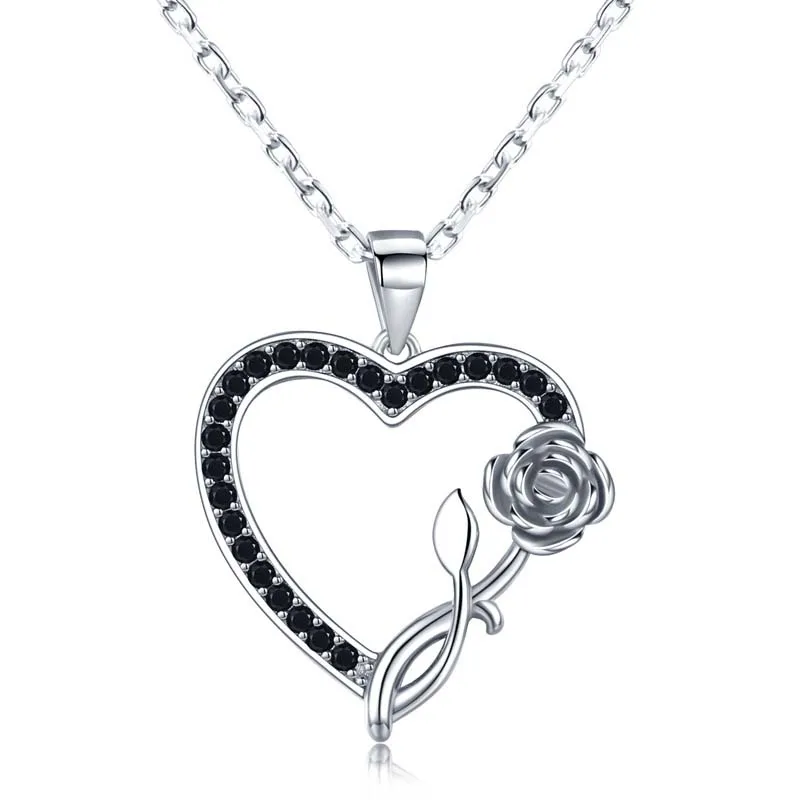 

Valentine Jewelry 925 Sterling Silver Rose Flower Black Diamond Heart Pendant Necklace Black Crystal Heart Shaped Necklace