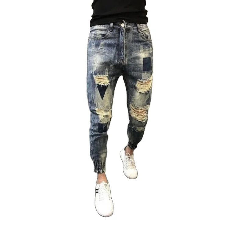 

Fashion street youth trend elastic Harlan men's Ripped Jeans Pants
