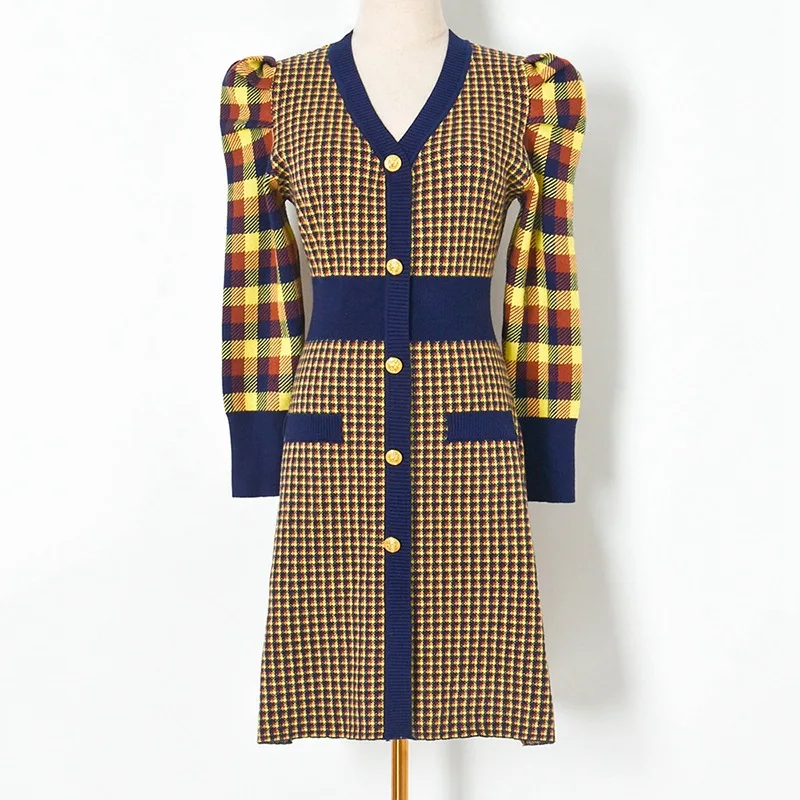 

Customized women's autumn winter slim high waist Color block lattice checkered V-neck knitted elegant dress basic sweater, 1 color or custom