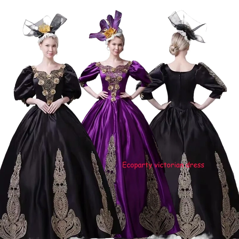 

Renaissance Women Cosplay Royal Purple Costume Rococo Style Medieval Black Dress Baroque Marie Antoinette Ball Gown