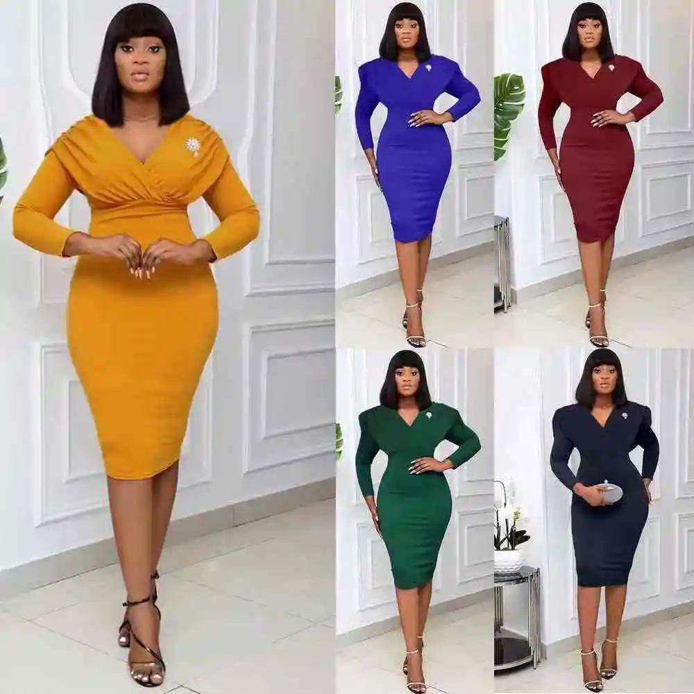 

2021 new fashion american&african women elegant sexy v neck slim fit pencil dress with brooch career dresses, As picture