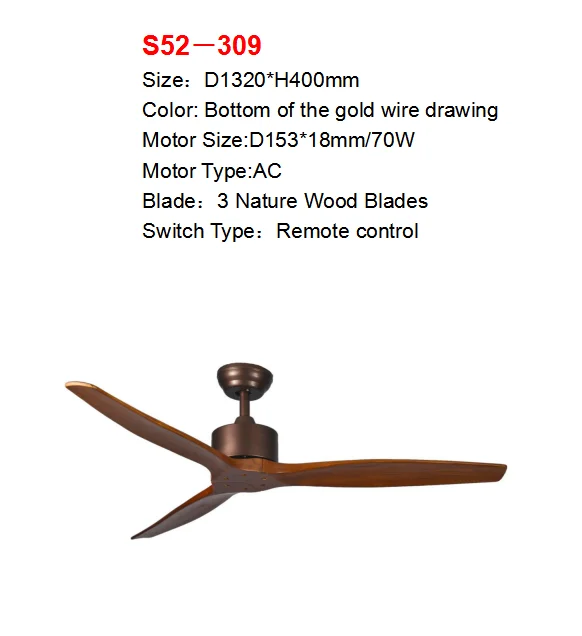 52inch Solid Wood Blades Ceiling Fan Ac Motor Without Light Indoor
