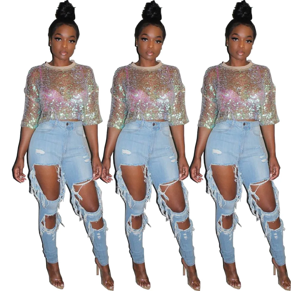 

European and American women's sexy mid-sleeve waist sequined top, nightclub outfit