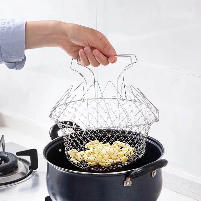 

BPA Free Reusable Multifunction Foldable Steam Rinse Strain Fry Strainer Stainless Steel Foldable Fry Basket, Custom