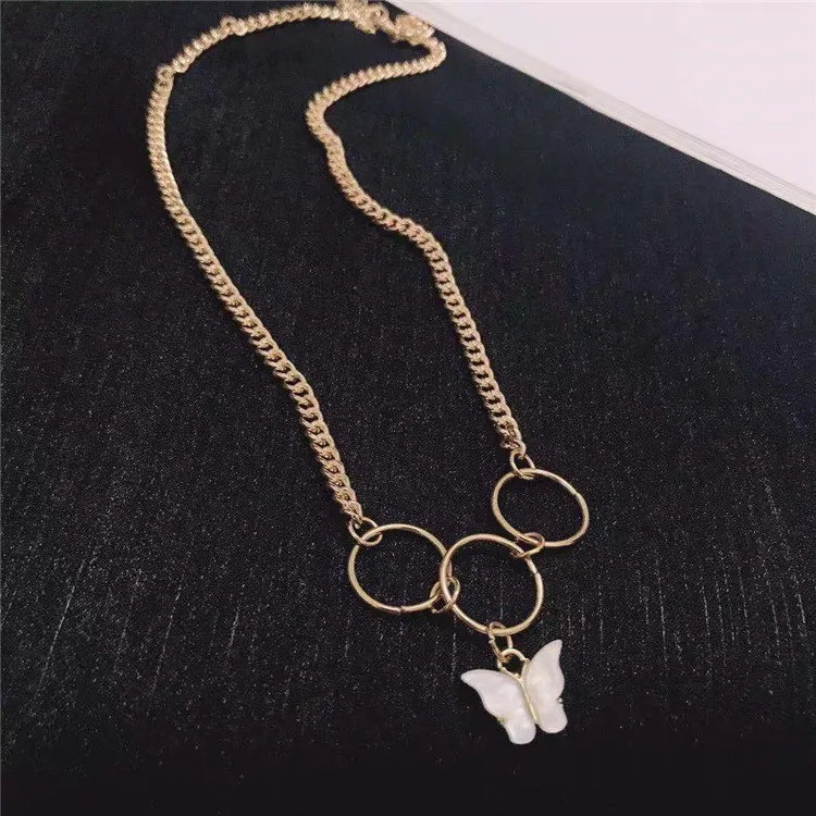 

Popular Fashion Female Alloy Gold Silver Link Chain Ring Charms Butterfly Pendant Necklace For Women Girl Accessories Jewelry