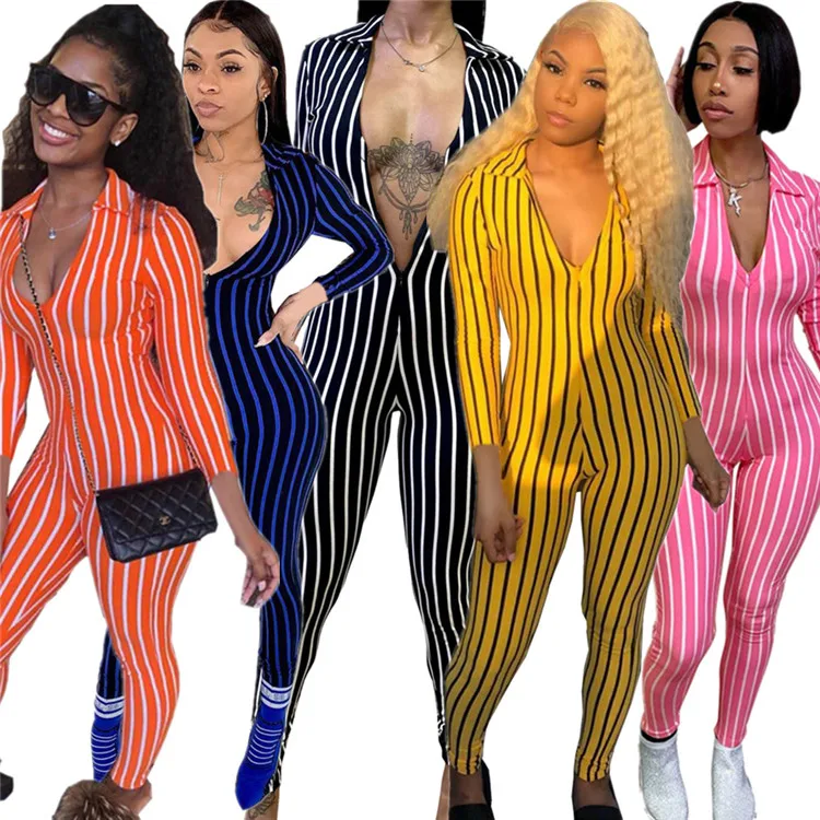 

New Coming Ladies Rompers Boutique Casual Contrast Color Striped Print Sexy Summer Skinny One Piece Women Jumpsuit