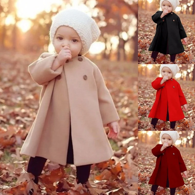 

2021 Baby Girl Clothes Fashion Korean Version Solid Color Button Jacket Autumn Winter Long Sleeve Cardigan Toddler Kids Coats