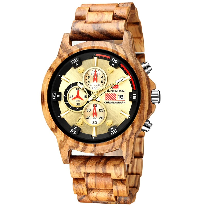 

KUNHUANG 1010 Zebra Wooden Watches Custom Logo Timepieces Luxury Men Chronograph Wood Watch, 3 colors