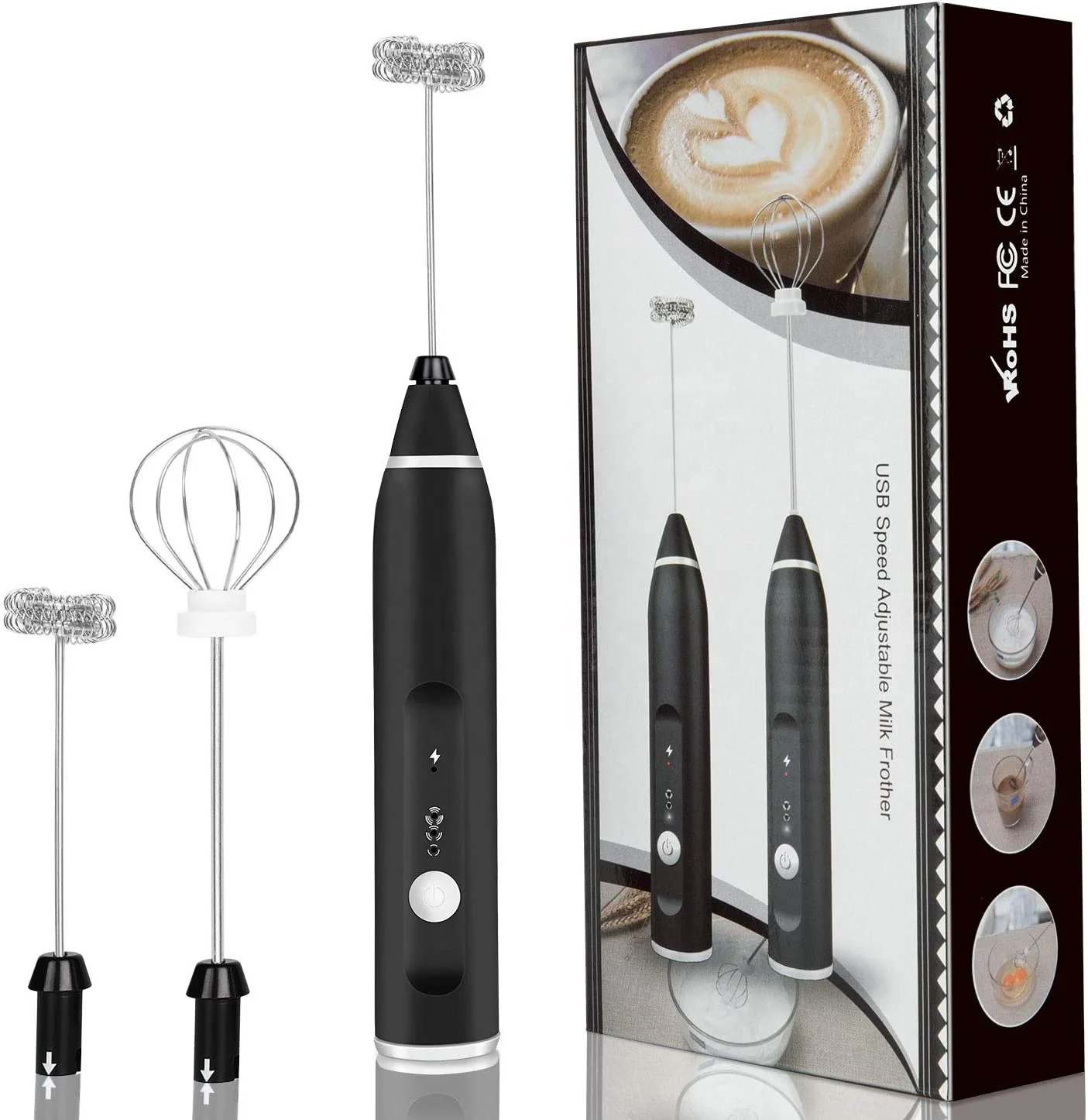 

USB Rechargeable Milk Frother Handheld Electric Foam Maker with 2 Stainless 3-Speed Adjustable Whisks, Perfect for Coffee Lattes, Black, white