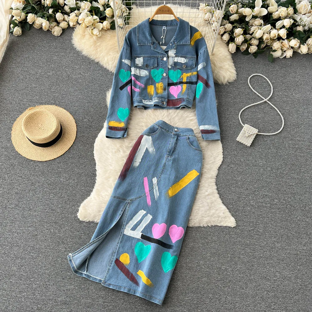 

Fashionable stylish two-piece set for women autumn printed long sleeved denim jacket high waisted split half length Jean skirt