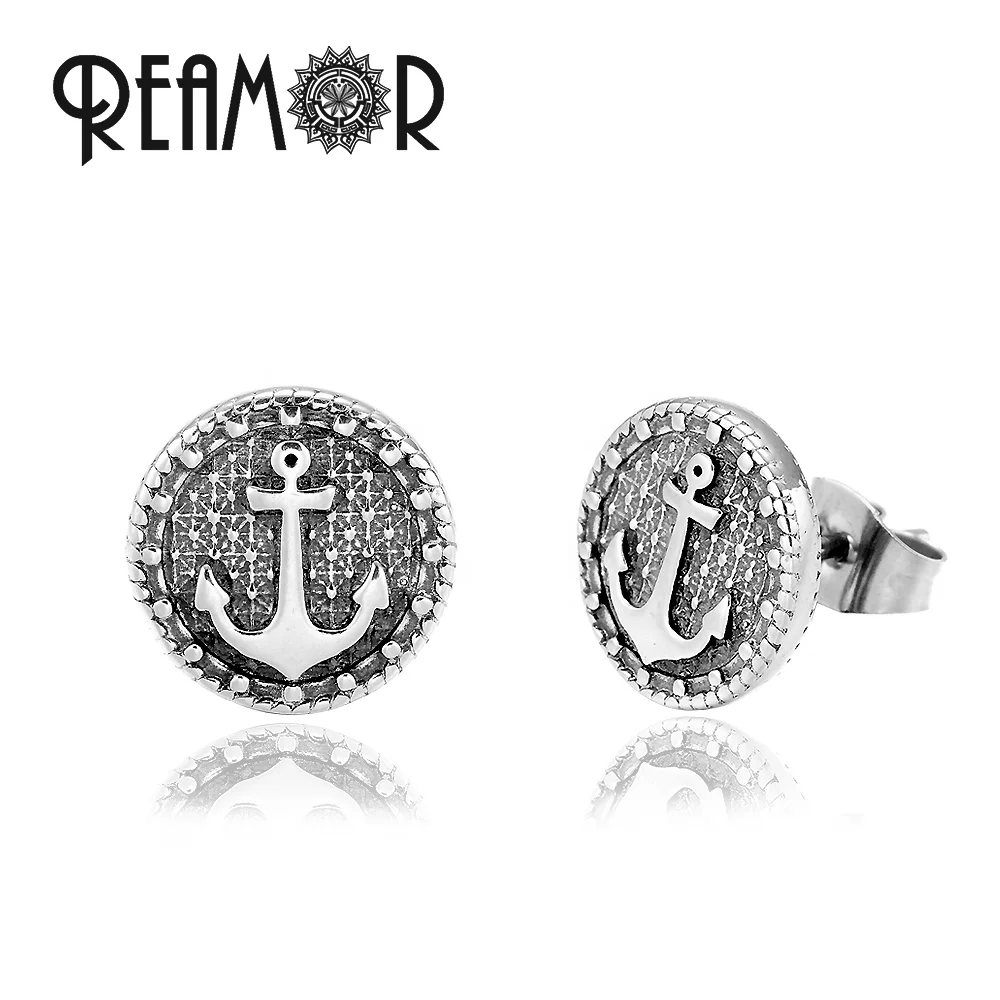 

REAMOR Silver Vintage Anchor Stud Piercing Earrings Small Slice Shape Ear Custom Jewelry for Men Women Jewelry, Silver color
