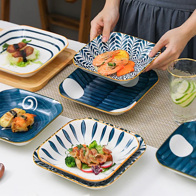 

Japanese style hand printed square ceramic plates for steak, As picture