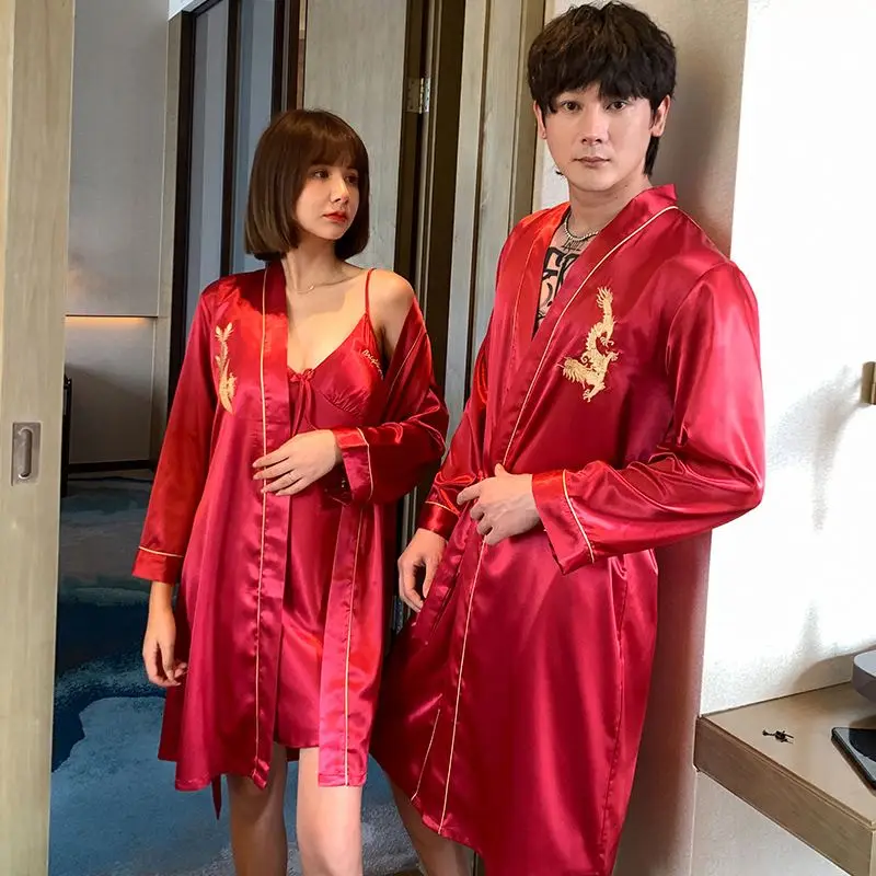 

Couple Nightgown Set Dragon And Phoenix Embroidery Robes Satin Sleepwear Lover Pajamas