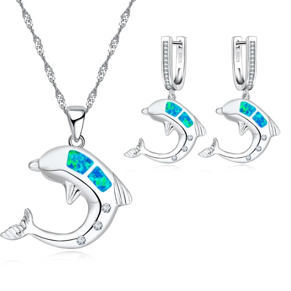 

Hot Selling Blue Opal Dolphin Hoop Earrings Necklace Set Statement Jewelry Opal Dolphin Earrings Necklace Set for Women Ladies