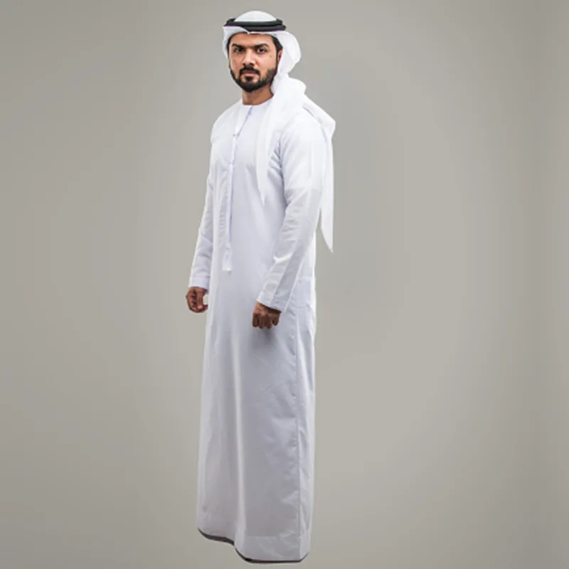 

Hot selling white round neck robe Muslim men's round neck Arabian robe polyester men's worship clothes, 1colors