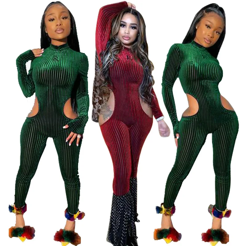 

New Ladies Fashion Dress Design Stylish Women Jumpsuit Sleeveless Knit jumpsuit velvet stripe sexy trouser woman, Picture